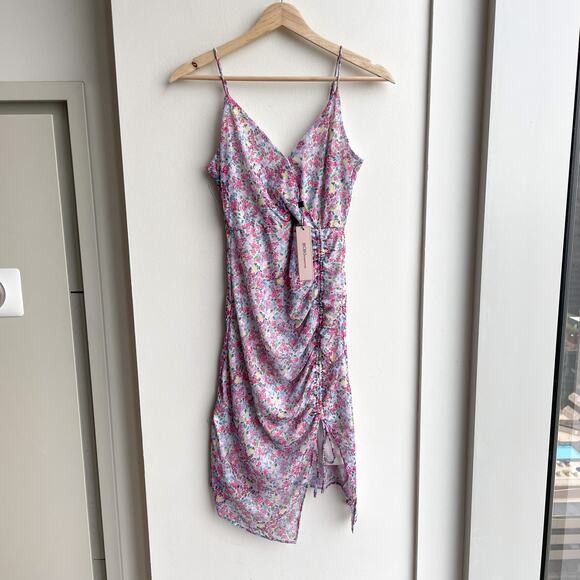 NWT BCBGeneration Ditsy Floral Mesh Ruched Mini Dress Preppy Pink Purple Size 2 - Picture 2 of 14